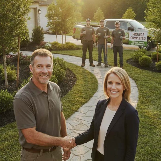 Satisfied landscaping business owner on job site shaking hands with crew/client