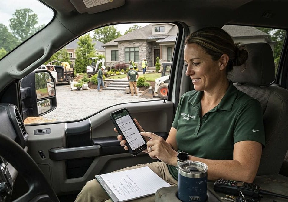 Landscaping business owner in a truck or at a job site reviewing leads on the phone